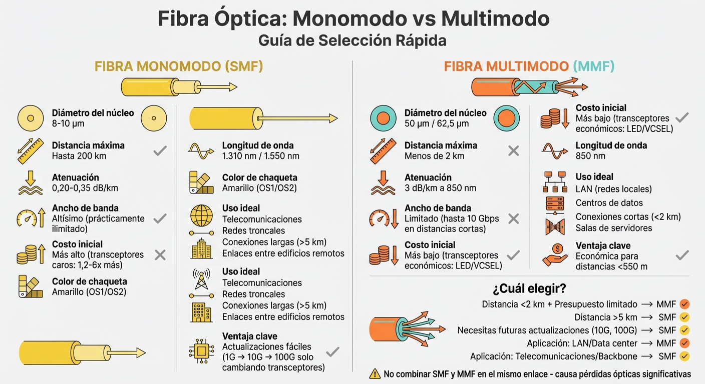 Comparación Fibra Monomodo vs Multimodo: Distancia, Costo y Aplicaciones